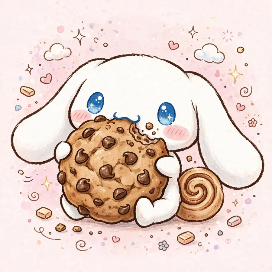 Chibi cinnamoroll pfp: original tiny puppy with an oversized head holding a giant cookie
