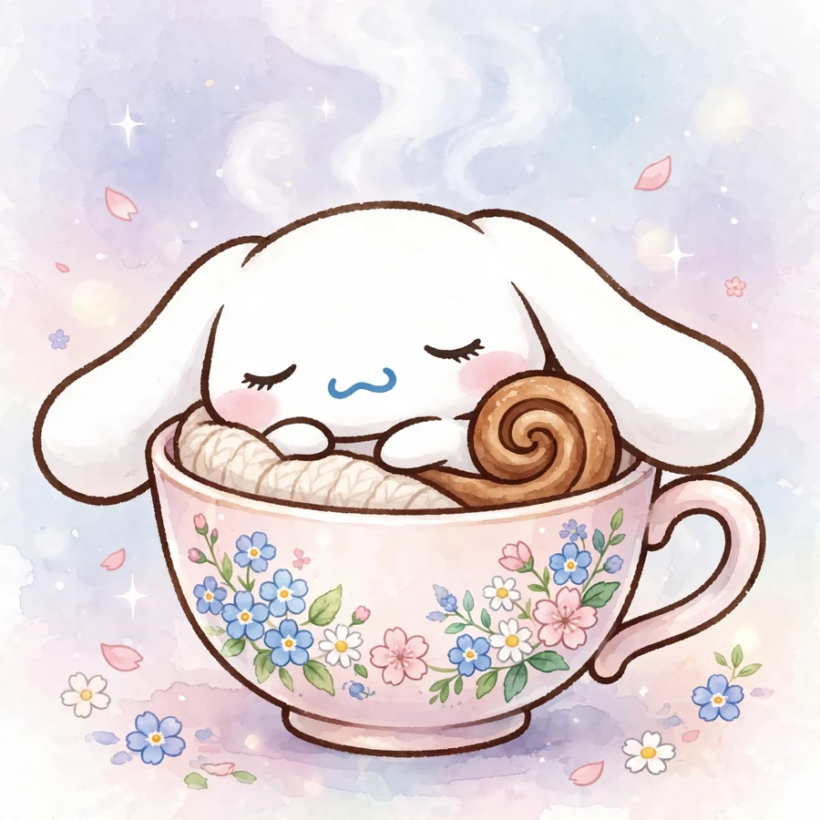 Cinnamoroll chibi pfp: original tiny puppy napping in a teacup