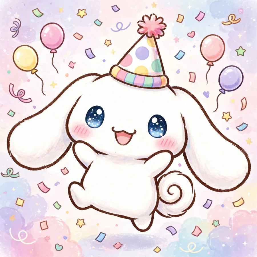 Chibi cinnamoroll pfp: original mini puppy with a party hat and confetti