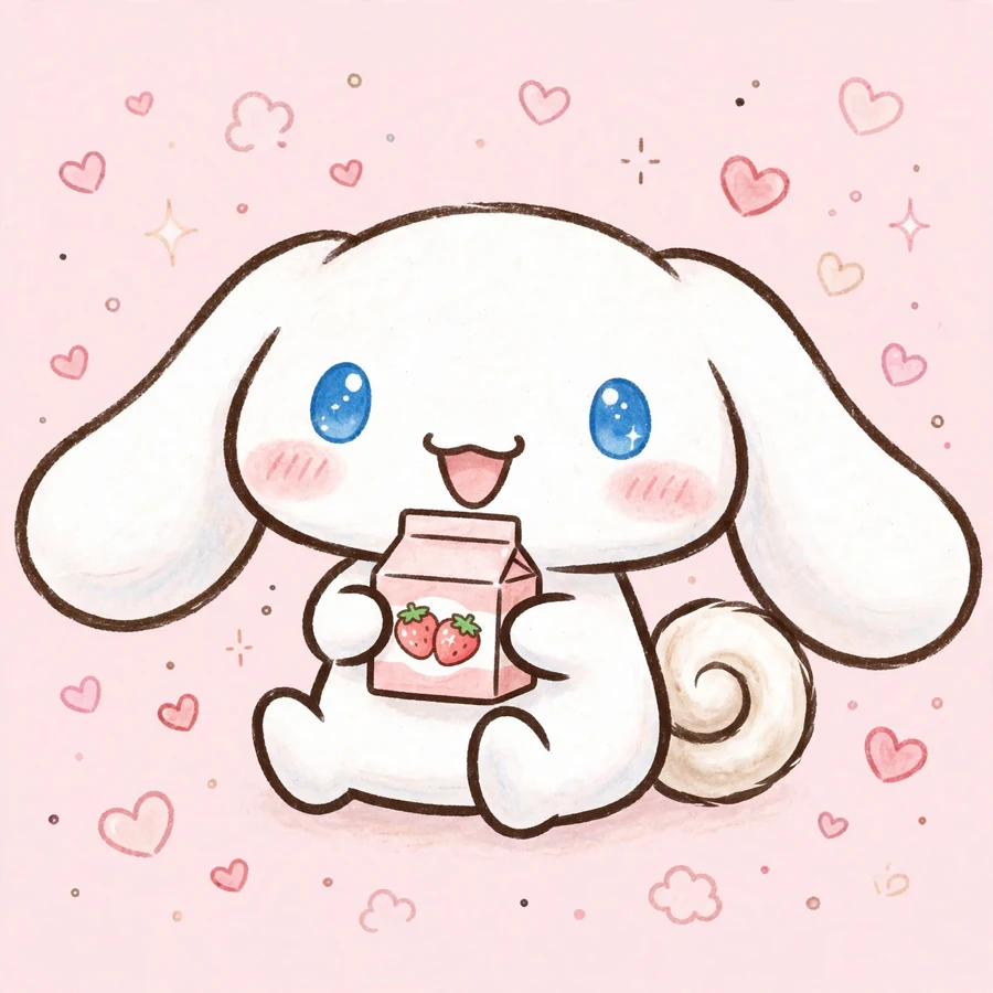 Cute cinnamoroll pfp: original white puppy with long ears holding a strawberry milk carton