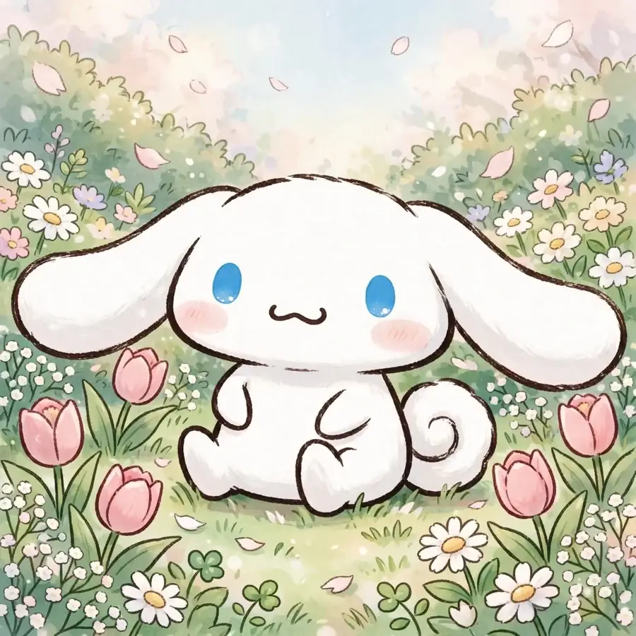Cinnamoroll pfp: original white puppy sitting among pastel flowers