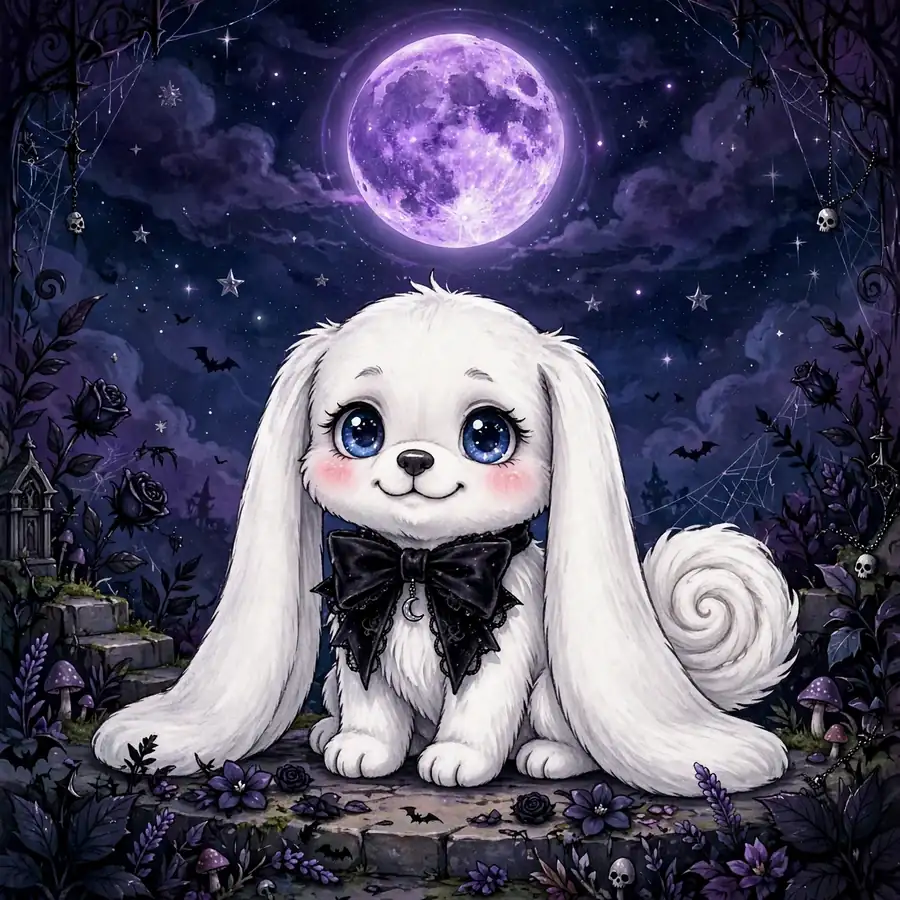 Dark cinnamoroll pfp: original white puppy with a black bow under a purple moon