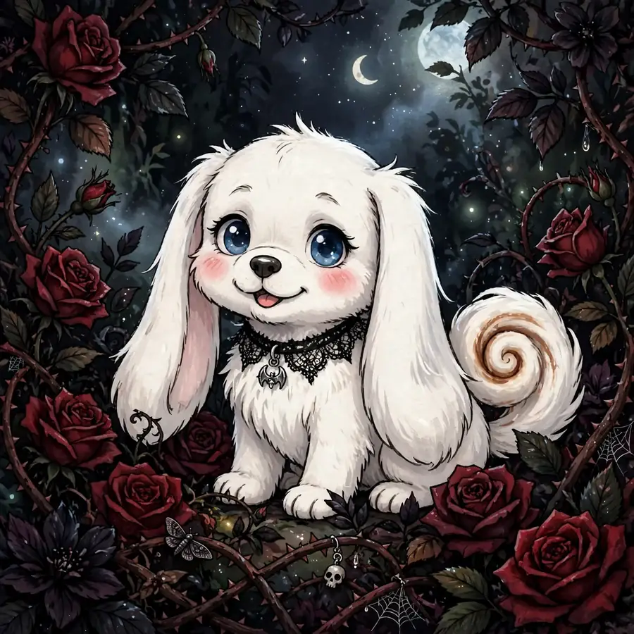 Cinnamoroll pfp dark: original puppy with lace choker among dark roses