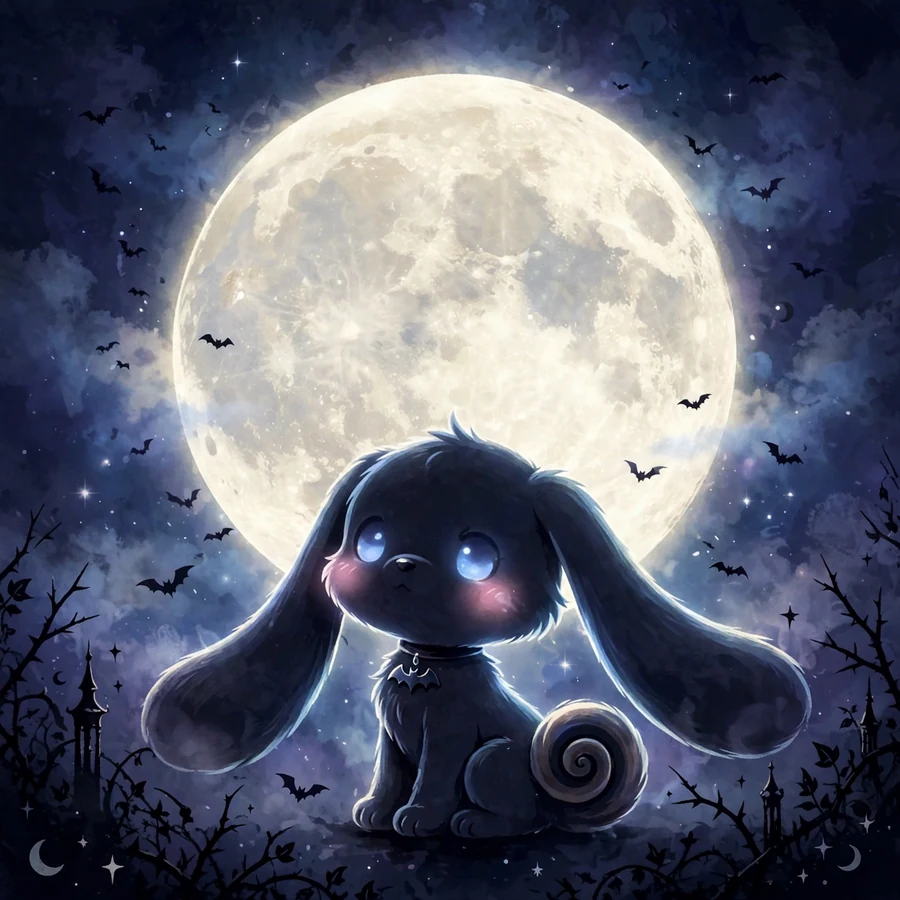 Dark cinnamoroll pfps: original puppy silhouette against a full moon with bats