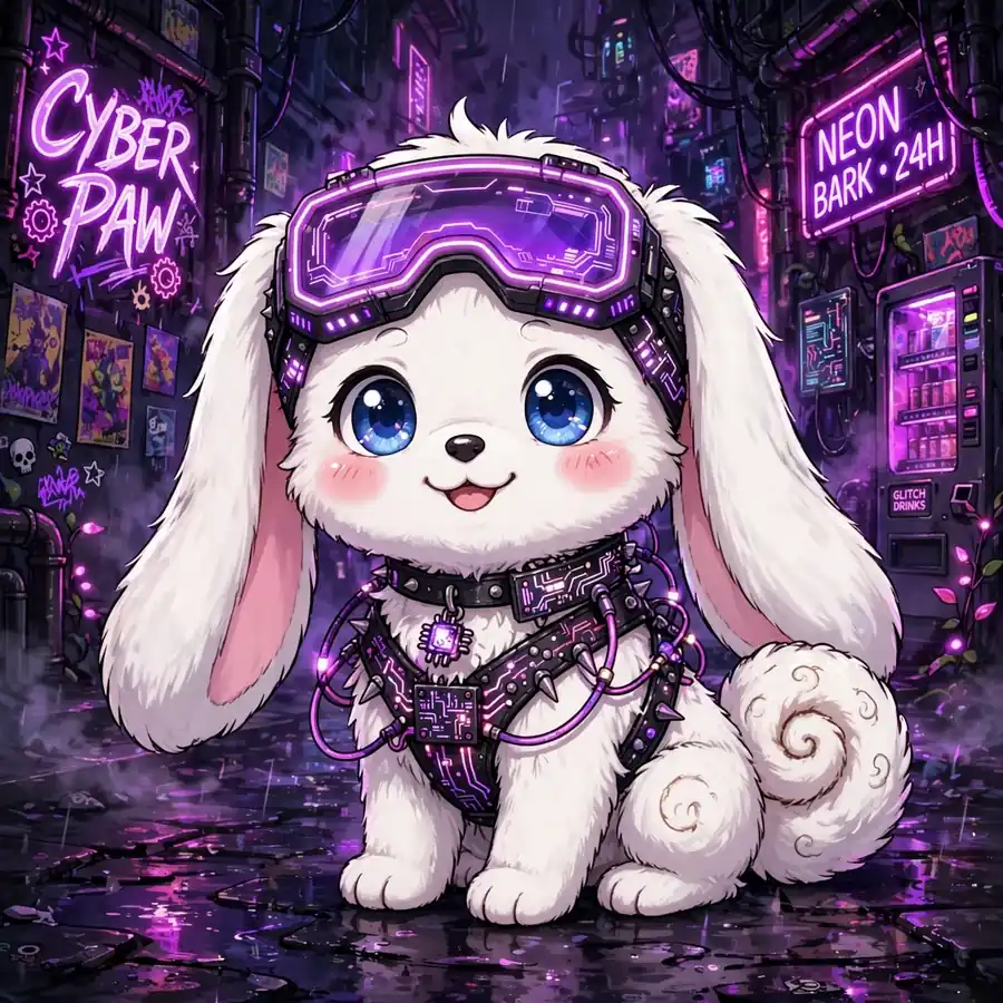 Dark cinnamoroll pfp: original puppy in neon purple cyber-goth style