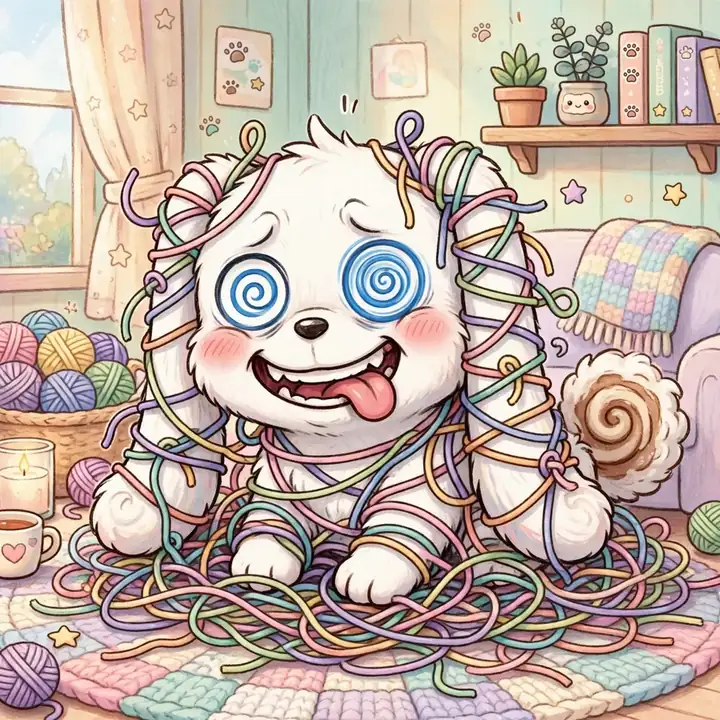 Cinnamoroll pfp meme: original dizzy puppy tangled in yarn