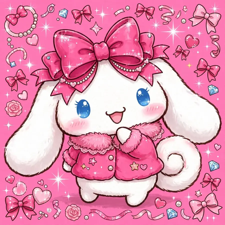 Pink cinnamoroll pfp: original white puppy with long ears in hot pink glam with a giant bow