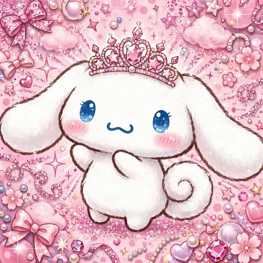 Cinnamoroll pfp pink: original puppy wearing a tiara in a glitter explosion