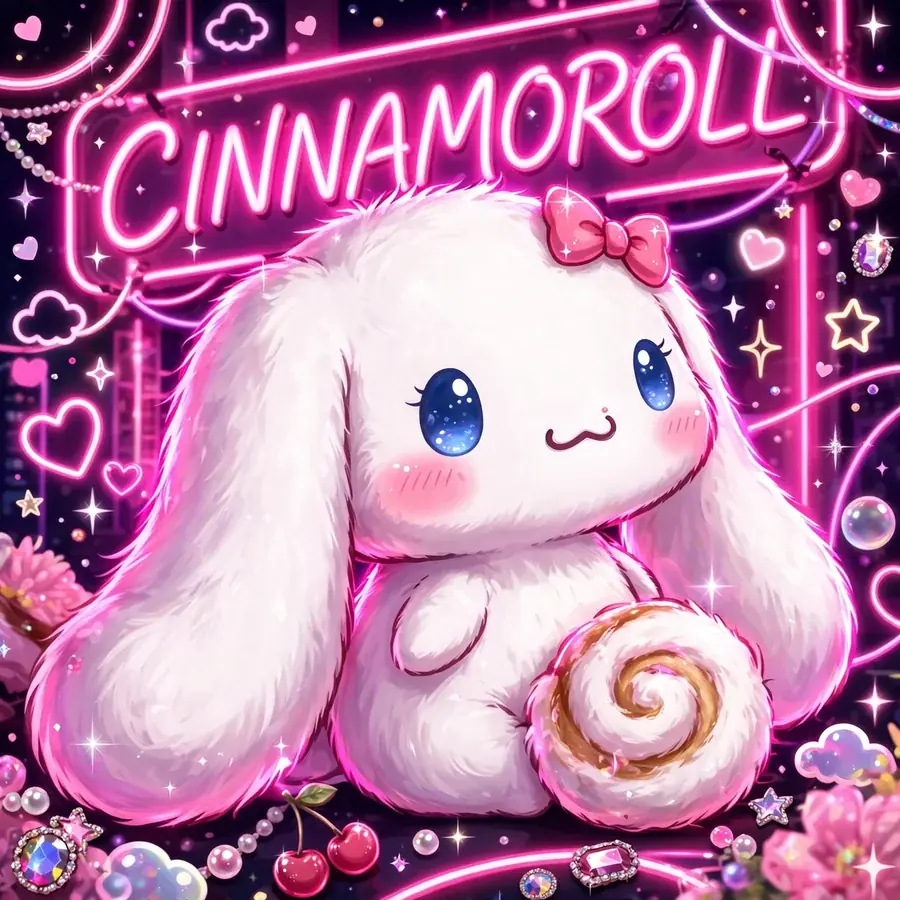 Cinnamoroll pfp: original puppy portrait with pink neon sign glow