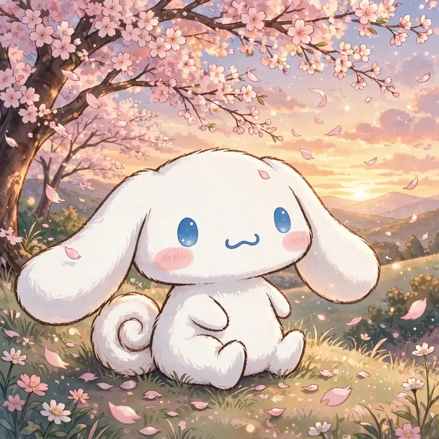 Cinnamoroll wallpaper pfp: original white puppy in cherry blossoms at sunset