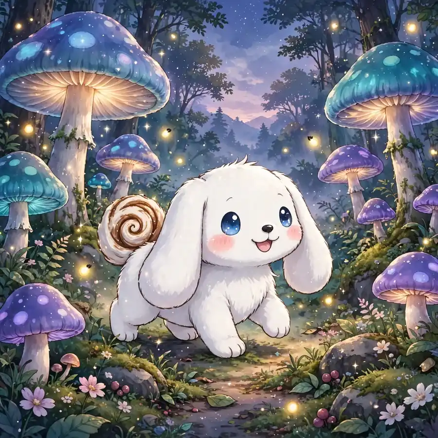 Wallpaper cinnamoroll pfp: original puppy among glowing mushrooms in a fantasy forest