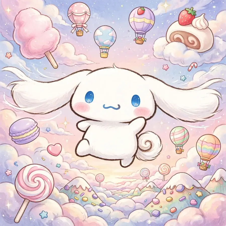 Cinnamoroll pfp: original puppy floating among hot air balloons in a candy sky