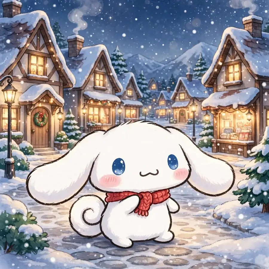 Cinnamoroll wallpaper pfp: original puppy in a snowy village with glowing windows
