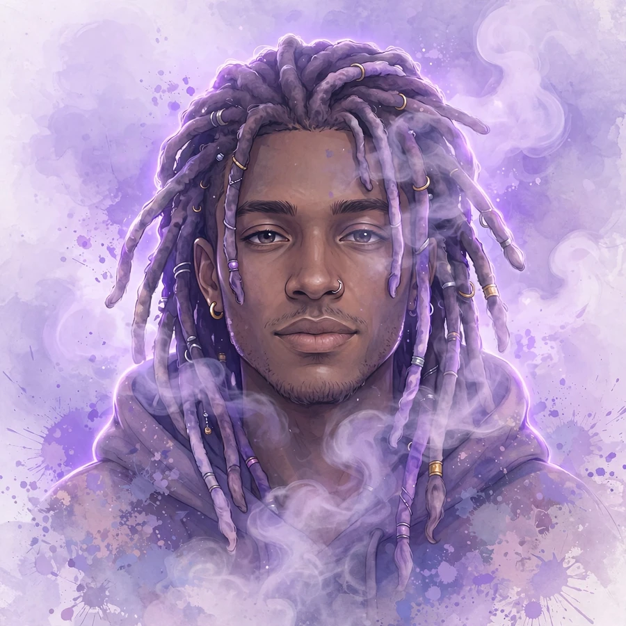Aesthetic chief keef pfp: dreamy dreadlocked portrait wrapped in purple haze