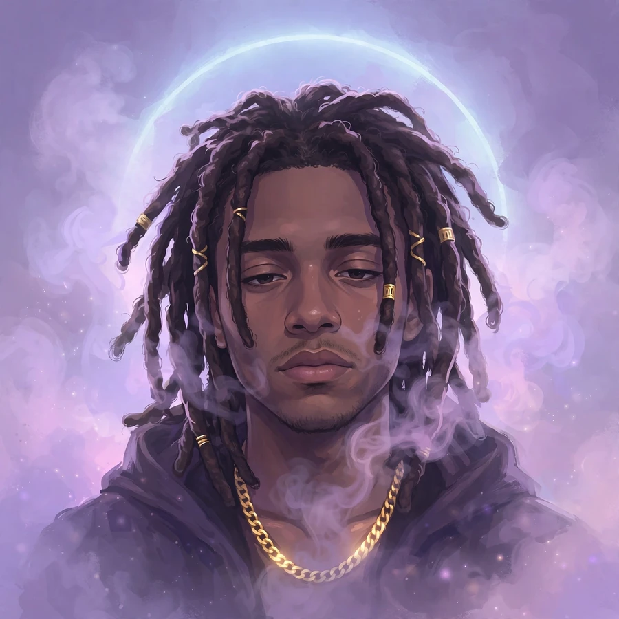 Aesthetic chief keef pfp: moody portrait in lilac fog, moonlight halo