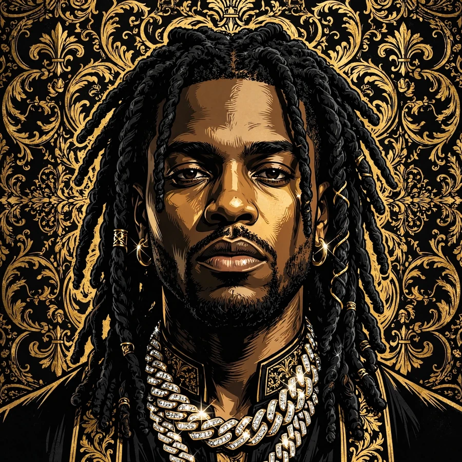 Chief keef profile pic: luxury portrait with diamond chain, baroque gold pattern