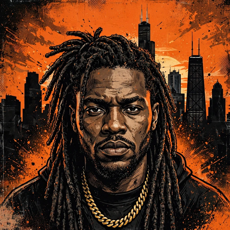 Chief keef pfp: gritty portrait with Chicago skyline at dusk