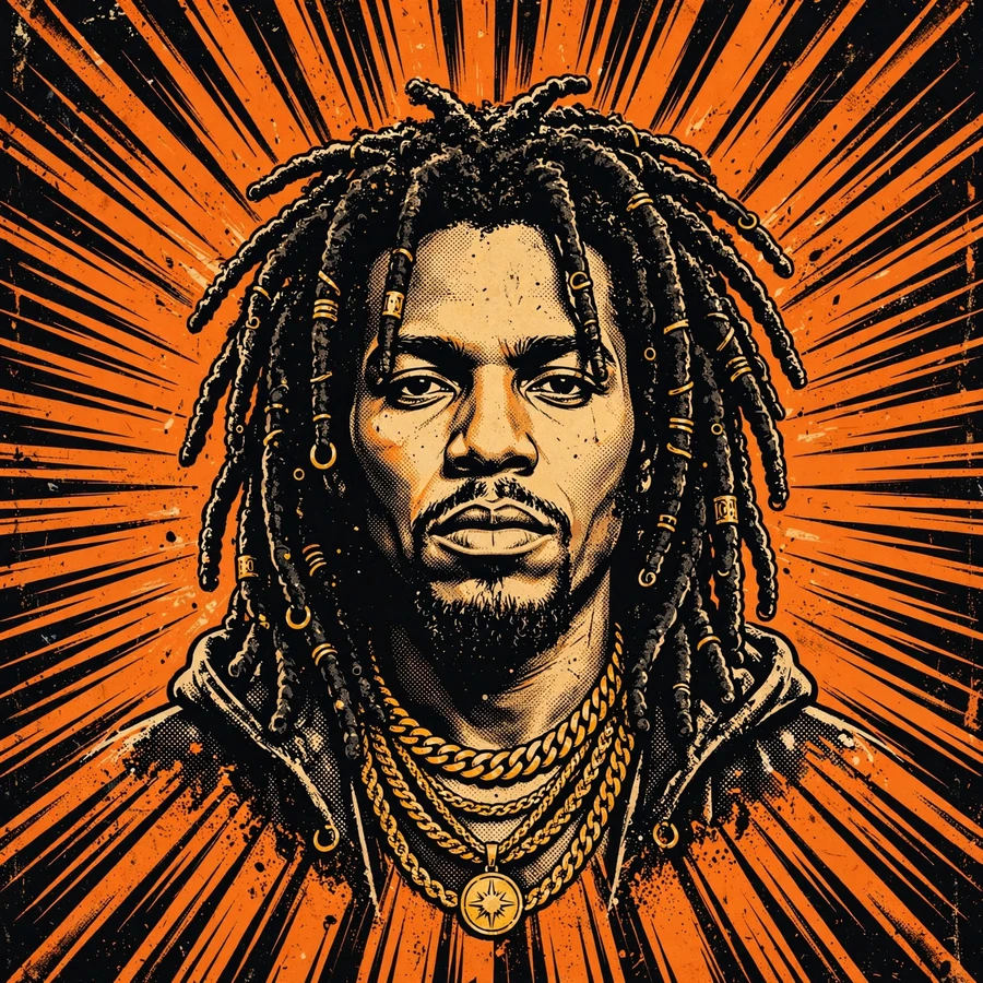 Chief keef profile pic: portrait with orange and black radial sunburst