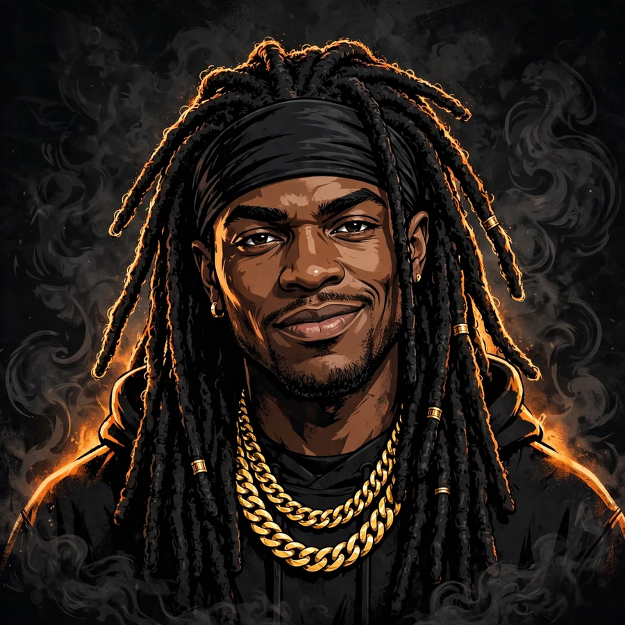 Chief keef pfp: illustrated dreadlocked rapper portrait with gold chains, dark backdrop
