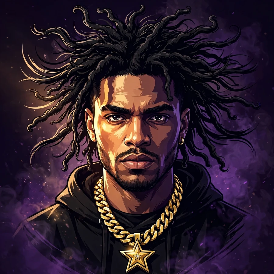 Chief keef profile pic: rapper portrait with flying dreadlocks and gold pendant