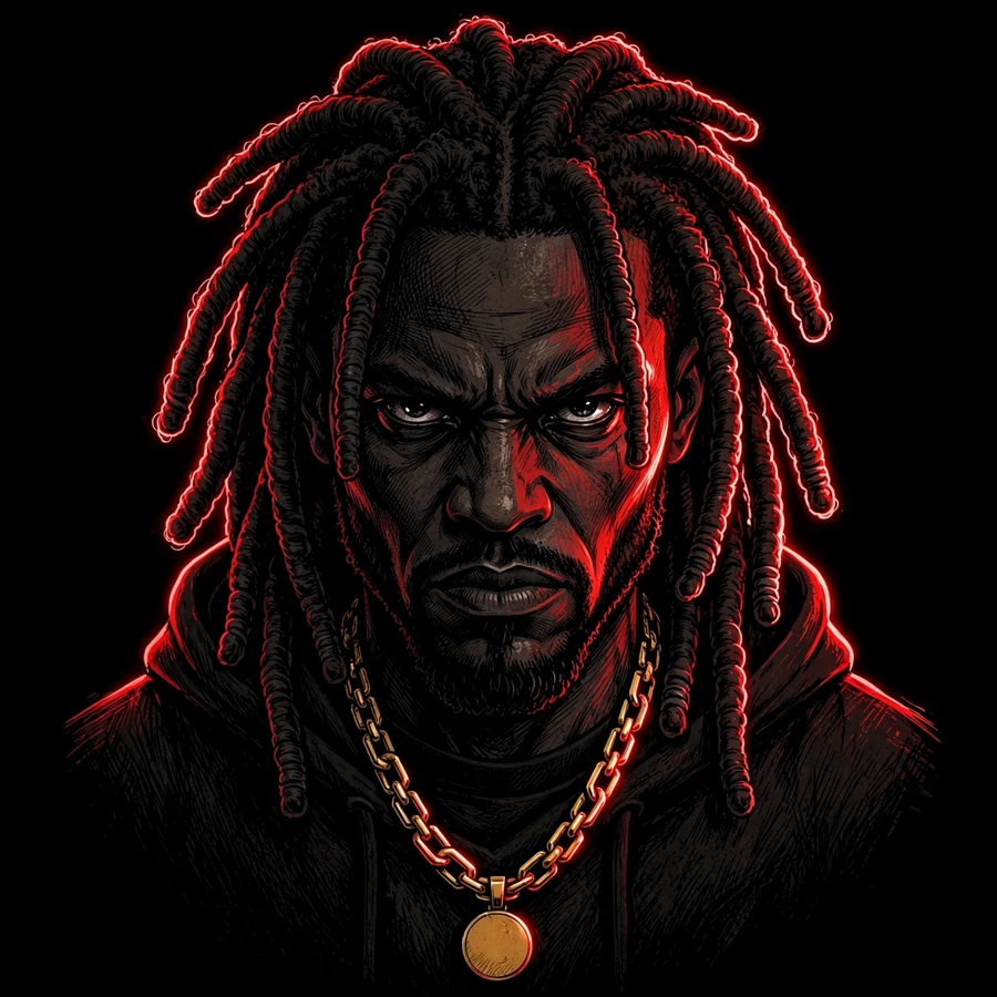 Dark chief keef pfp: menacing portrait half-lit by red neon glow