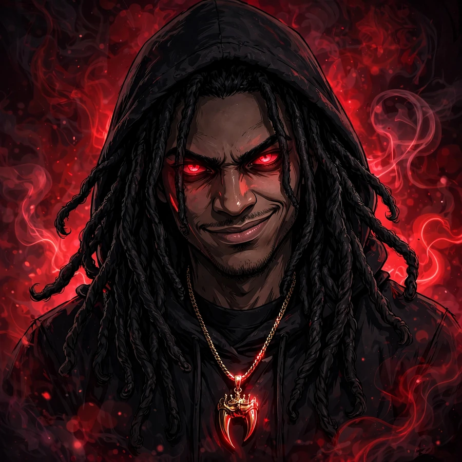 Dark chief keef pfp: sinister portrait with crimson neon haze, gold pendant