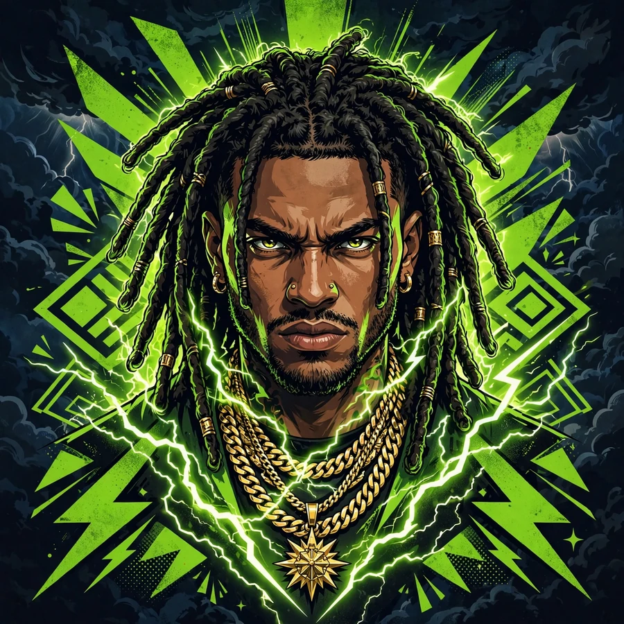 Glo gang pfp: radiant portrait with green lightning around gold chains