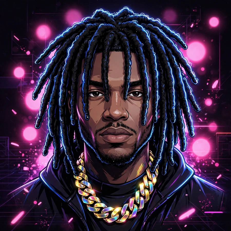 Neon chief keef pfp: electric portrait with blue neon outline, pink bokeh