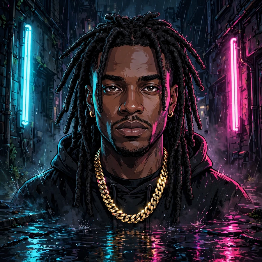 Neon chief keef pfp: neon-noir portrait in a cyan and magenta lit alley
