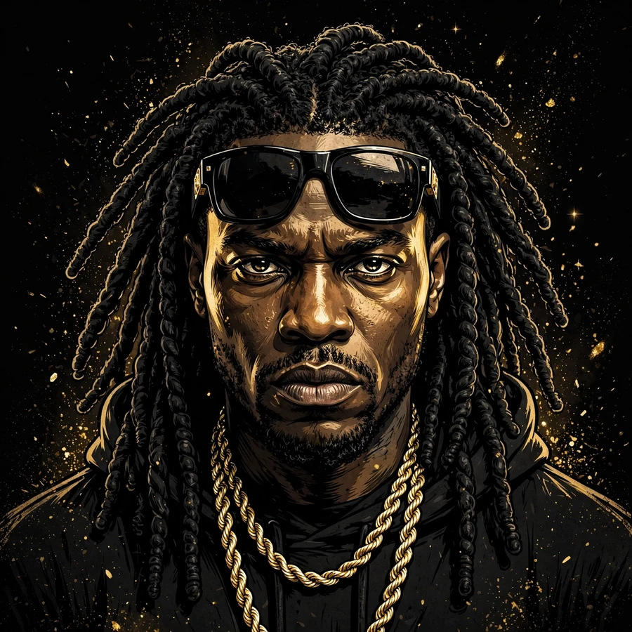 Sosa pfp: poster-style rapper portrait with rope chain and gold dust glow