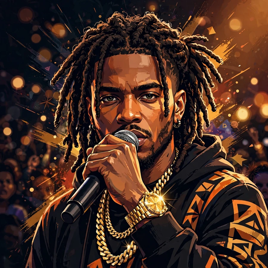 Sosa pfp: rapper portrait holding a microphone, gold watch gleaming