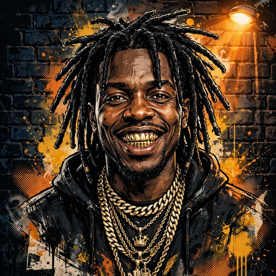 Sosa pfp: street-art rapper portrait with gold grills and layered chains