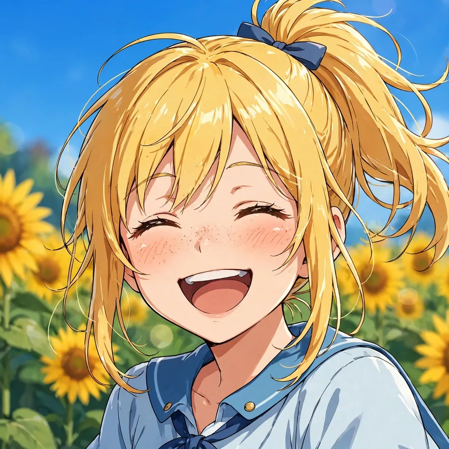 Cute anime girl pfp laughing joyfully with golden blonde ponytail in sunflower field