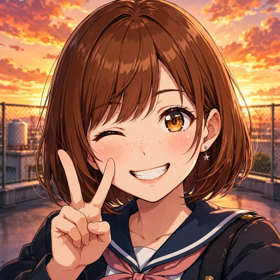 Cute anime girl pfp winking with peace sign, chestnut bob hair at sunset rooftop
