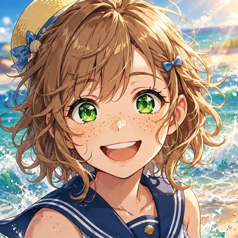 Cute anime girl pfp with freckles and green eyes at sunny beach with ocean waves