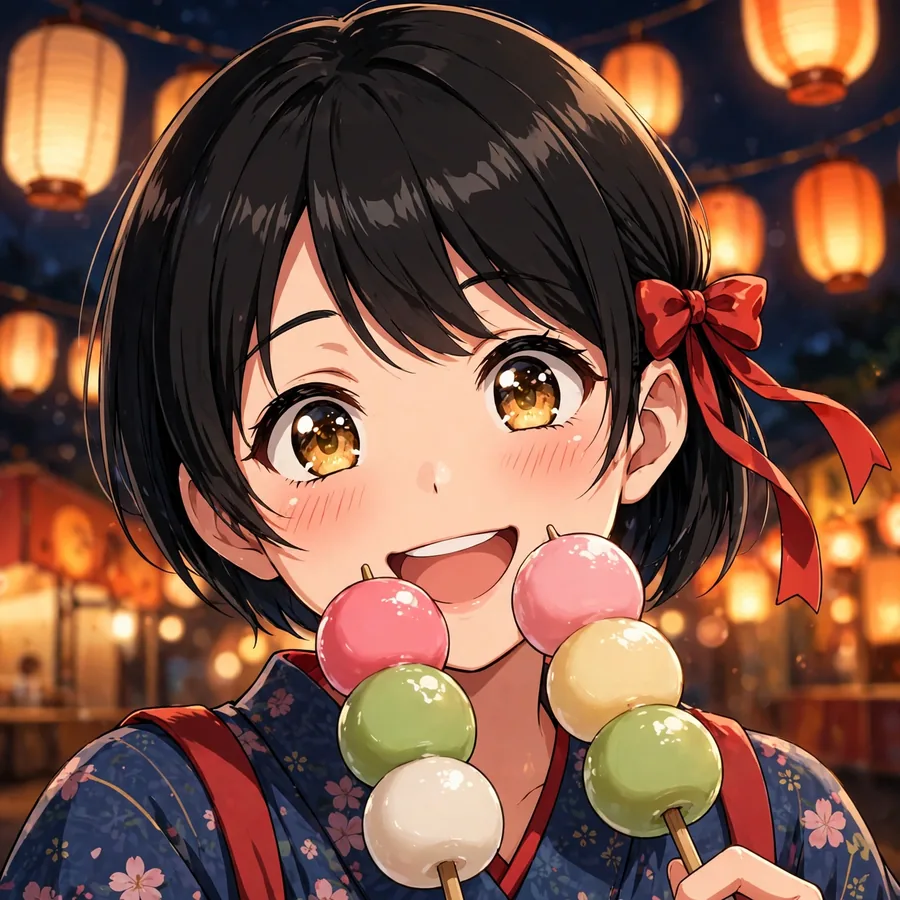 Cute anime girl pfp with short black hair and red ribbon holding dango at festival