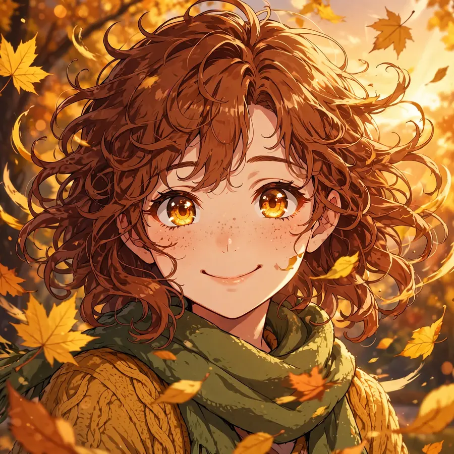 Cute anime girl pfp with curly auburn hair and dimpled smile in swirling autumn leaves