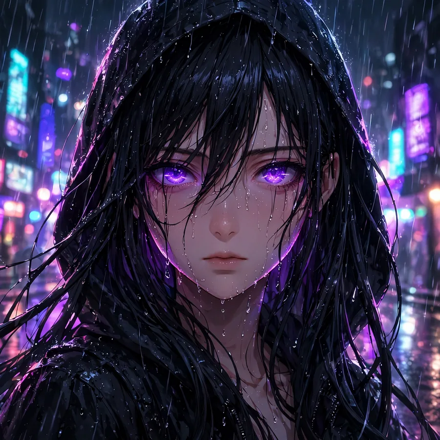 Dark aesthetic anime girl pfp with black hair, glowing violet eyes in neon rainy night city