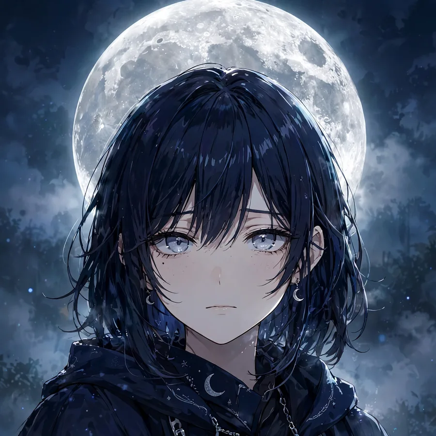 Dark aesthetic anime girl pfp with navy hair under a huge silver moon in misty night