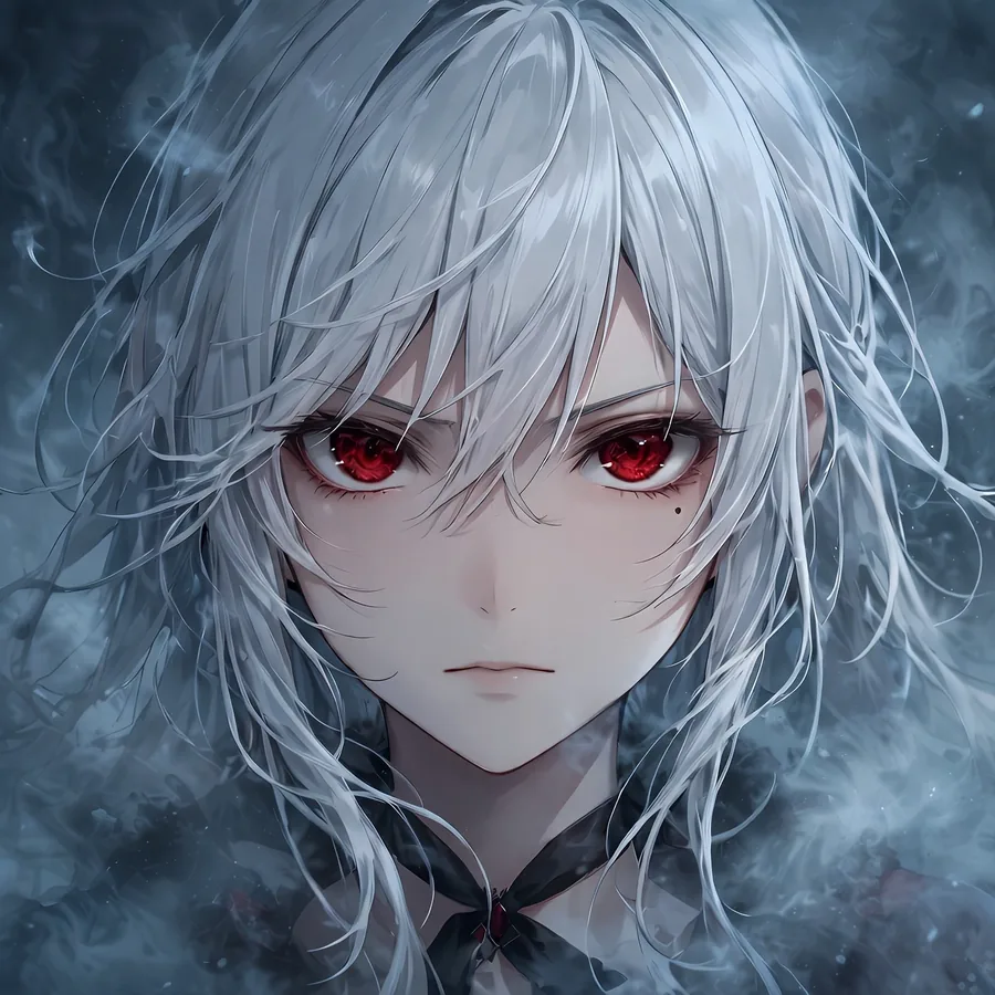 Dark aesthetic anime girl pfp with silver-white hair, deep red eyes and intense gaze in fog