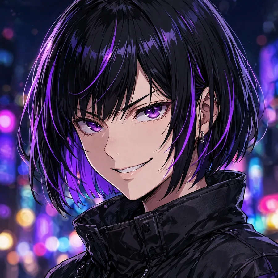 Dark aesthetic anime girl pfp with black bob, purple streaks and confident smirk in city lights