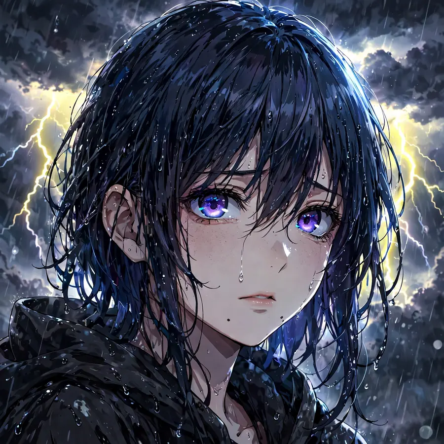 Dark aesthetic anime girl pfp with wet dark hair, single tear and thunderstorm lightning glow