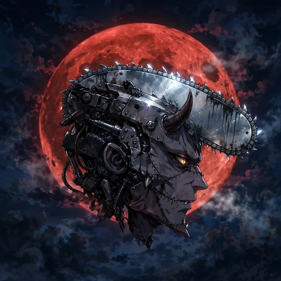 Chainsaw man denji pfp: original hybrid side profile with gleaming blade under a blood moon
