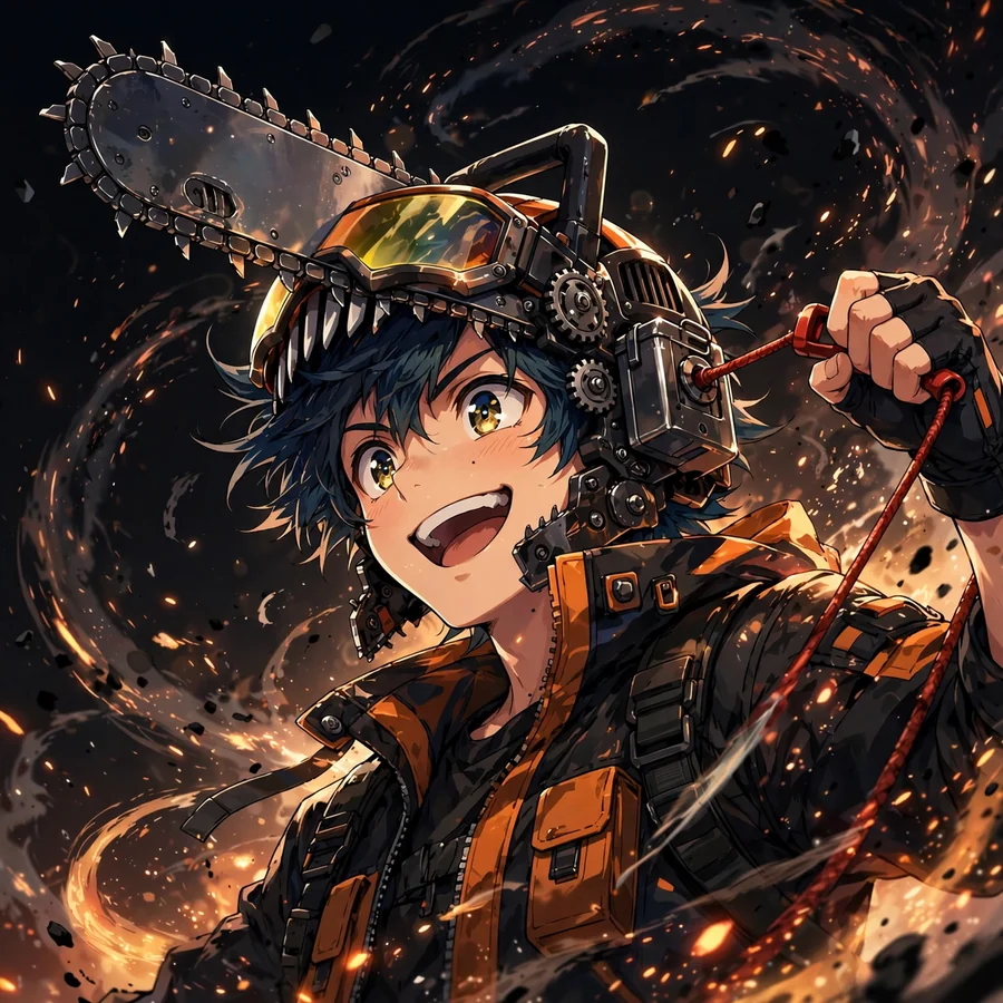 Denji pfp: original chainsaw hybrid roaring with ripcord pulled, embers flying