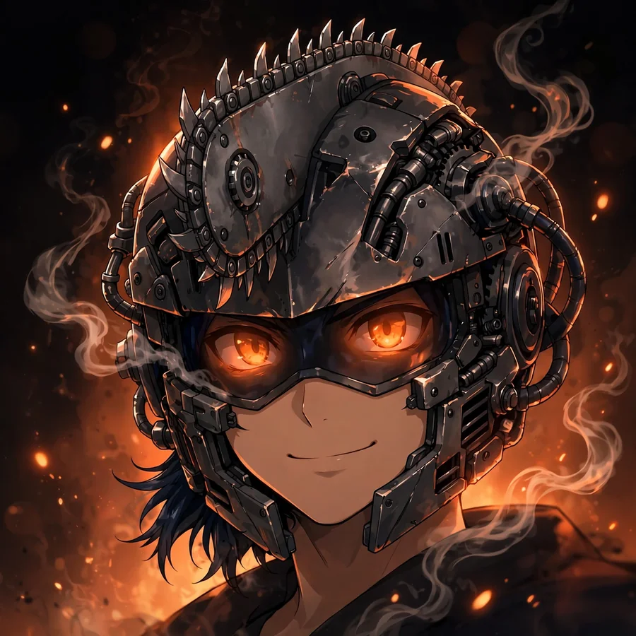 Chainsaw man pfp denji: original hybrid close-up with glowing eyes between chainsaw teeth