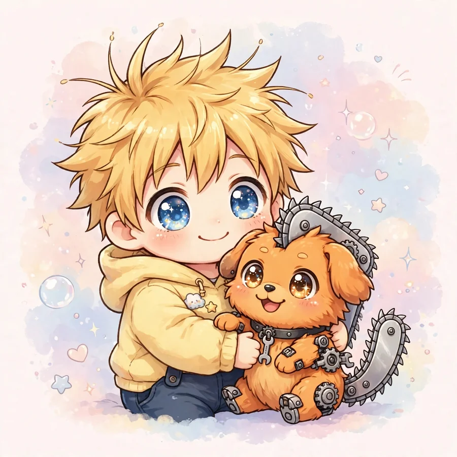 Chibi denji pfp: original tiny Denji hugging Pochita the chainsaw dog