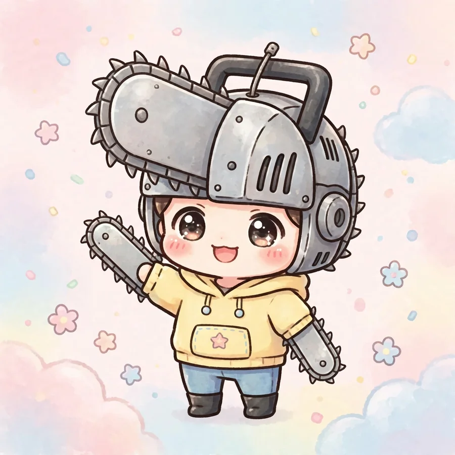 Chibi denji pfp: original tiny chainsaw-head Denji waving hello