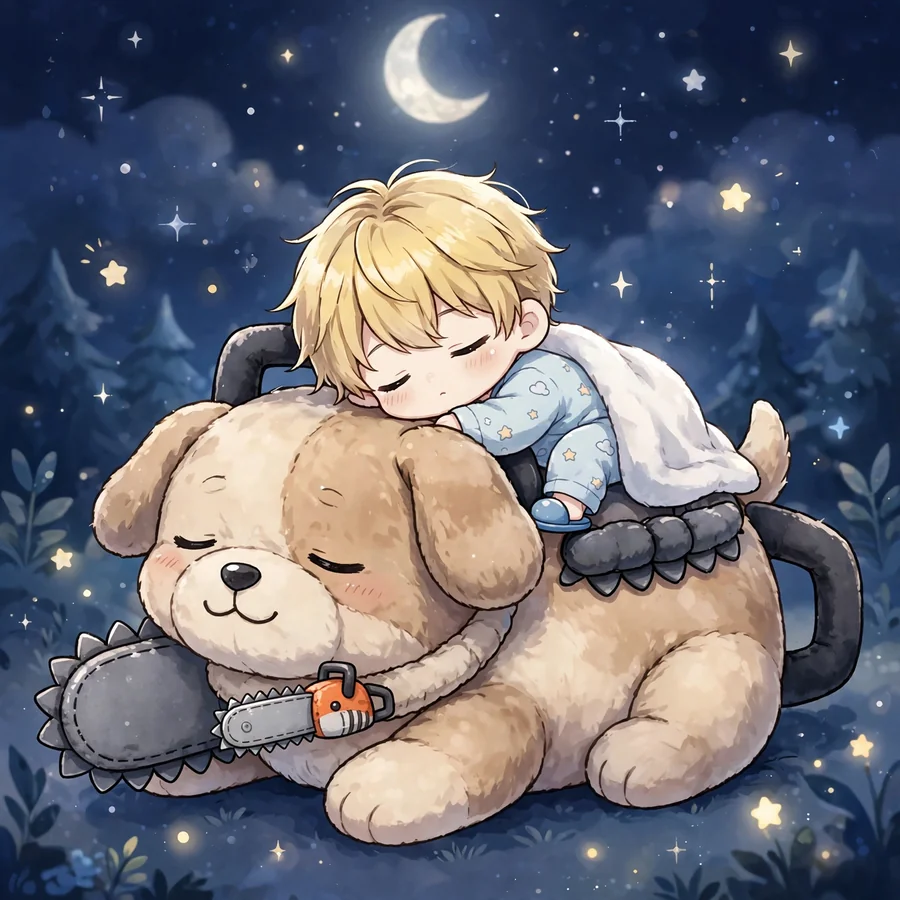 Chibi denji pfp: original mini Denji sleeping on a giant Pochita plush