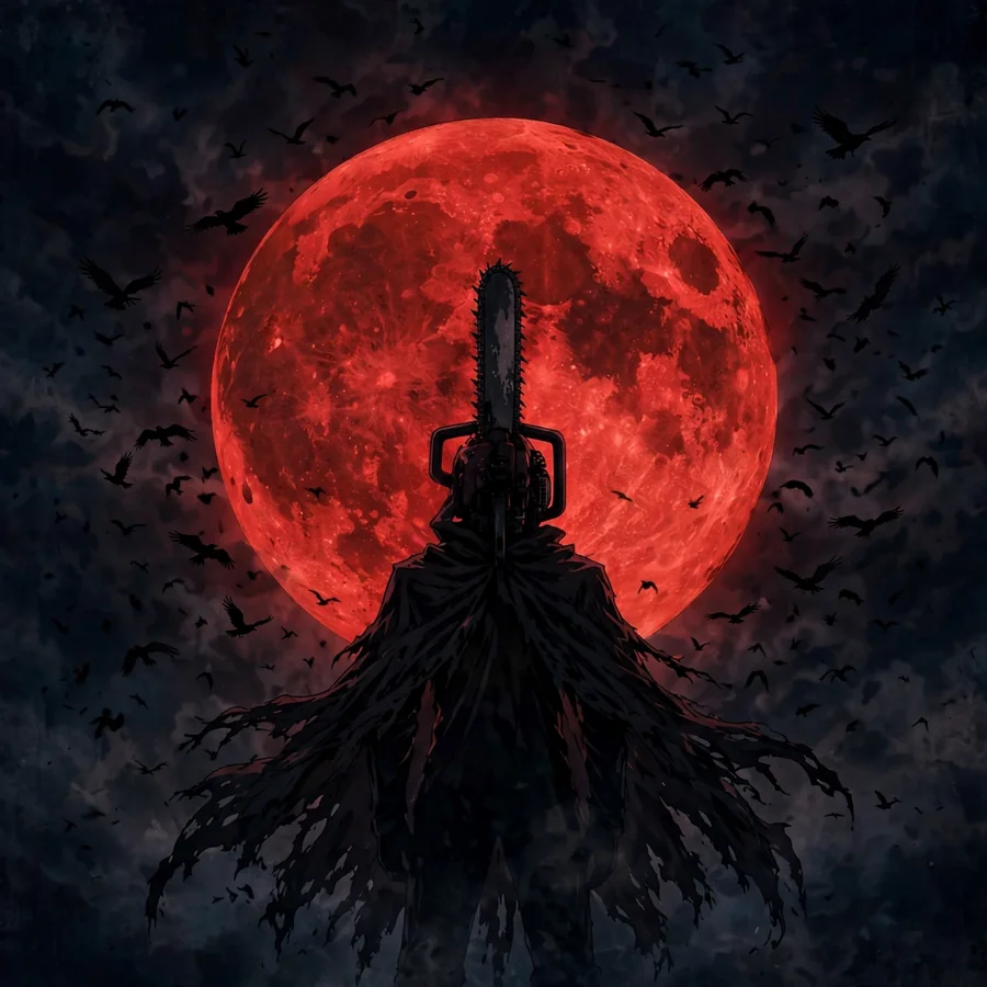 Dark denji pfp: original Denji silhouette against a giant blood-red moon