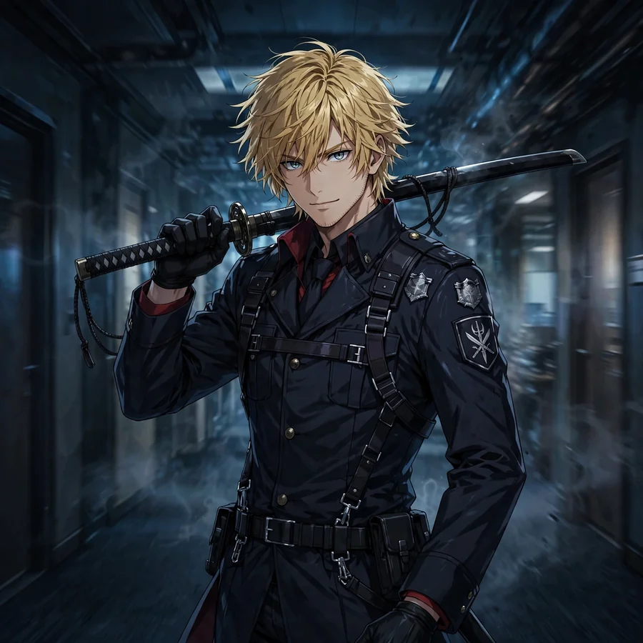 Denji dp: original devil hunter Denji with a katana in a corridor